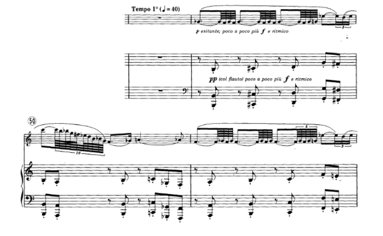 No início do desenvolvimento, princípio do acréscimo de tensão ao movimento. Liebermann, Sonata para flauta e piano Op. 23, I (comp. 48-51).