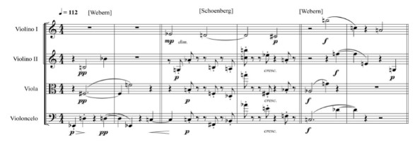  Interpolação de um fragmento de Schoenberg (compassos 254-255 do Quarteto de Cordas n. 4, Op. 37) em um fragmento de Webern (quatro primeiros compassos do primeiro movimento do Quarteto de Cordas Op. 28) 