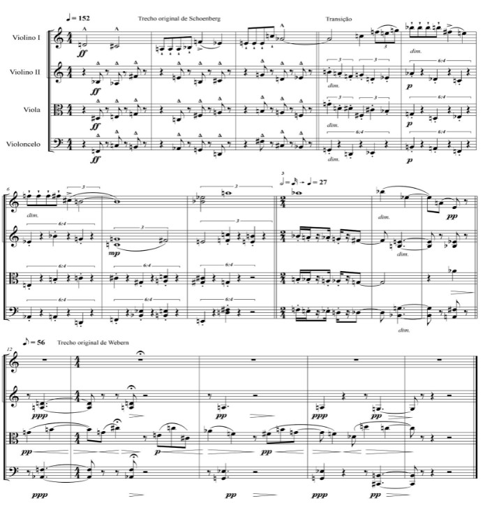  Transição entre dois fragmentos escritos por Schoenberg (três primeiros compassos do Quarteto de Cordas n. 4, Op. 37) e Webern (Cinco Movimentos para Quarteto de Cordas, Op. 5)