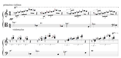 Ciclo de sextas. Lento (Assai) da Sinfonia n. 8 de Heitor Villa-Lobos. Redução. Compassos 49-56.