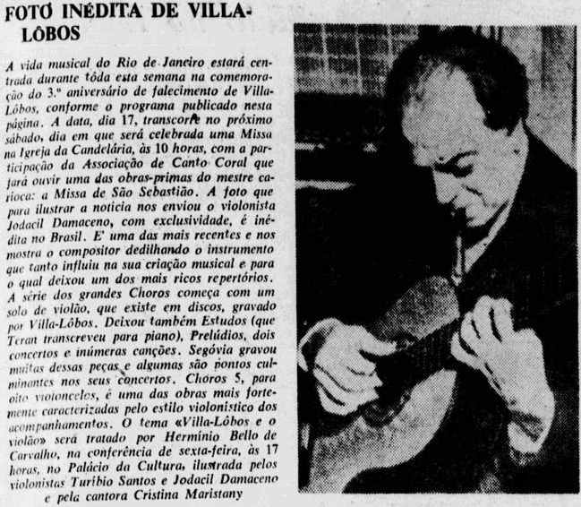 Chamada para o recital-conferência realizado no Palácio da Cultura, dentro da programação do Festival Villa-Lobos de 1962, com a estreia da versão para canto e violão de “Canção do Poeta do Século XVIII”.