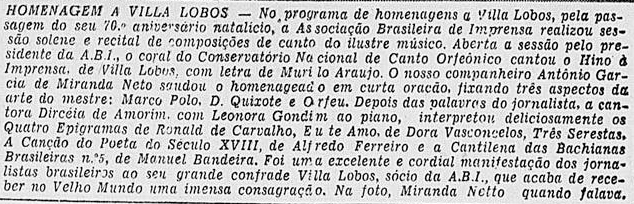  Nota sobre o concerto com peças vocais de Heitor Villa-Lobos realizado na Associação Brasileira de Imprensa (ABI).