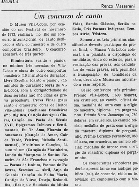 Nota na coluna Música, de Renzo Massarani. 