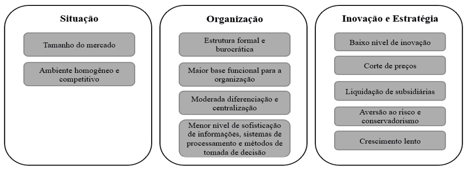Características da fase de declínio no ciclo de vida organizacional. Adaptada de “A longitudinal study of the corporate life cycle.” por D. Miller, & P. Friesen, 1984, Management Science, 30(10), pp. 1161-1183.  