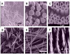 Microscopías de barrido (SEM) de diferentes
materiales 1-D. A) Nano-alambres, B) nanobarras, C) nanotubos, D)
nanocinturones, E) nanocintas, F) nanoestructuras jerárquicas (Jitendra et al., 2012)
