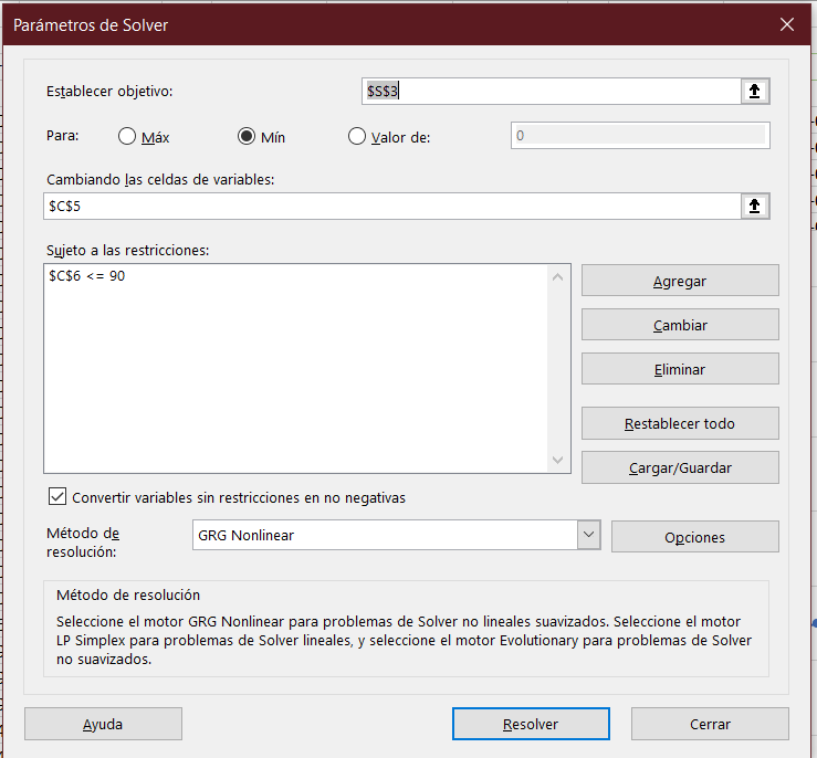Interfaz
del programa Solver