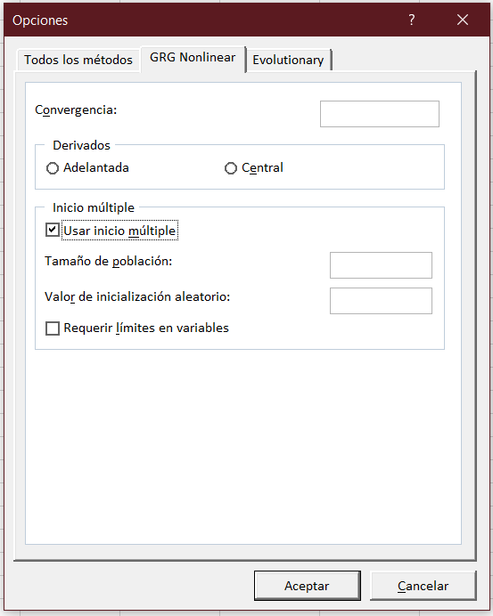 Opciones
en los métodos de solución del programa Solver