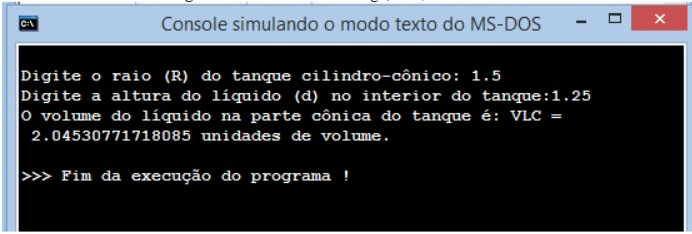 Console do Visualg (2021) com o valor do volume