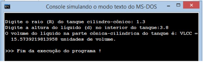 Resultado no console do Visualg (2021), para o caso em que   .