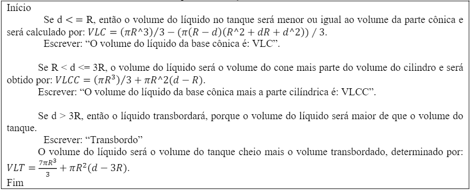 Estruturas de decisão para escrever um arquivo no Visualg
(2021) e no arquivo-M a fim de calcular o volume do tanque como função dos
valores de R e de d.