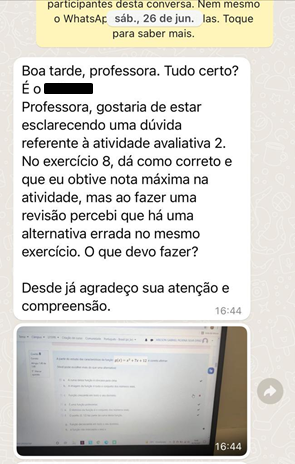 Mensagem
trocada por A1 com um dos professores