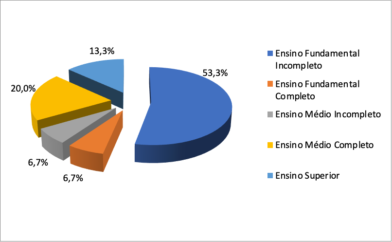 Distribuição percentual dos(as) novos(as) agricultores(as)
familiares pesquisados(as) nos seis municípios de abrangência da pesquisa, em
função do grau de escolaridade