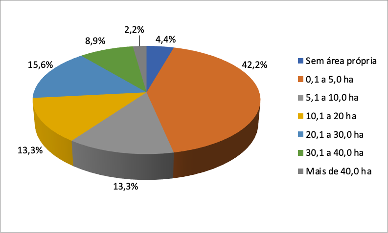 Distribuição percentual dos(as) novos(as) agricultores(as)
familiares pesquisados(as), nos seis municípios de abrangência da pesquisa, em
função do tamanho das áreas próprias