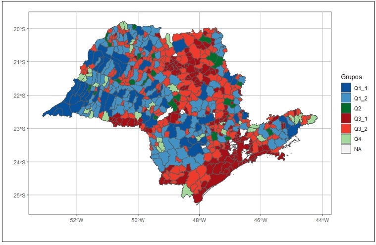 Mapa do estado de S&atilde;o Paulo com munic&iacute;pios classificados
em cores de acordo com os grupos