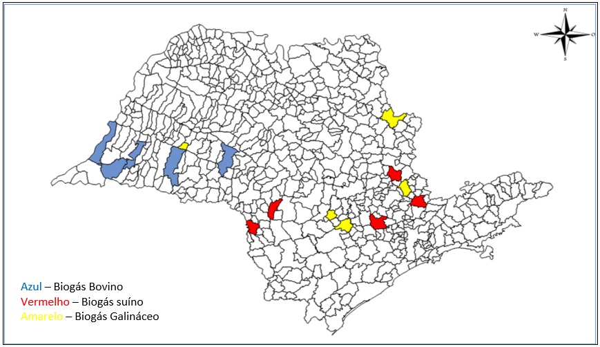 Localiza&ccedil;&atilde;o geogr&aacute;fica dos cinco munic&iacute;pios com
maiores potenciais de produ&ccedil;&atilde;o de biog&aacute;s a partir de dejetos bovinos (Azul),
su&iacute;nos (Vermelho) e galin&aacute;ceos (Amarelo). 

 

      