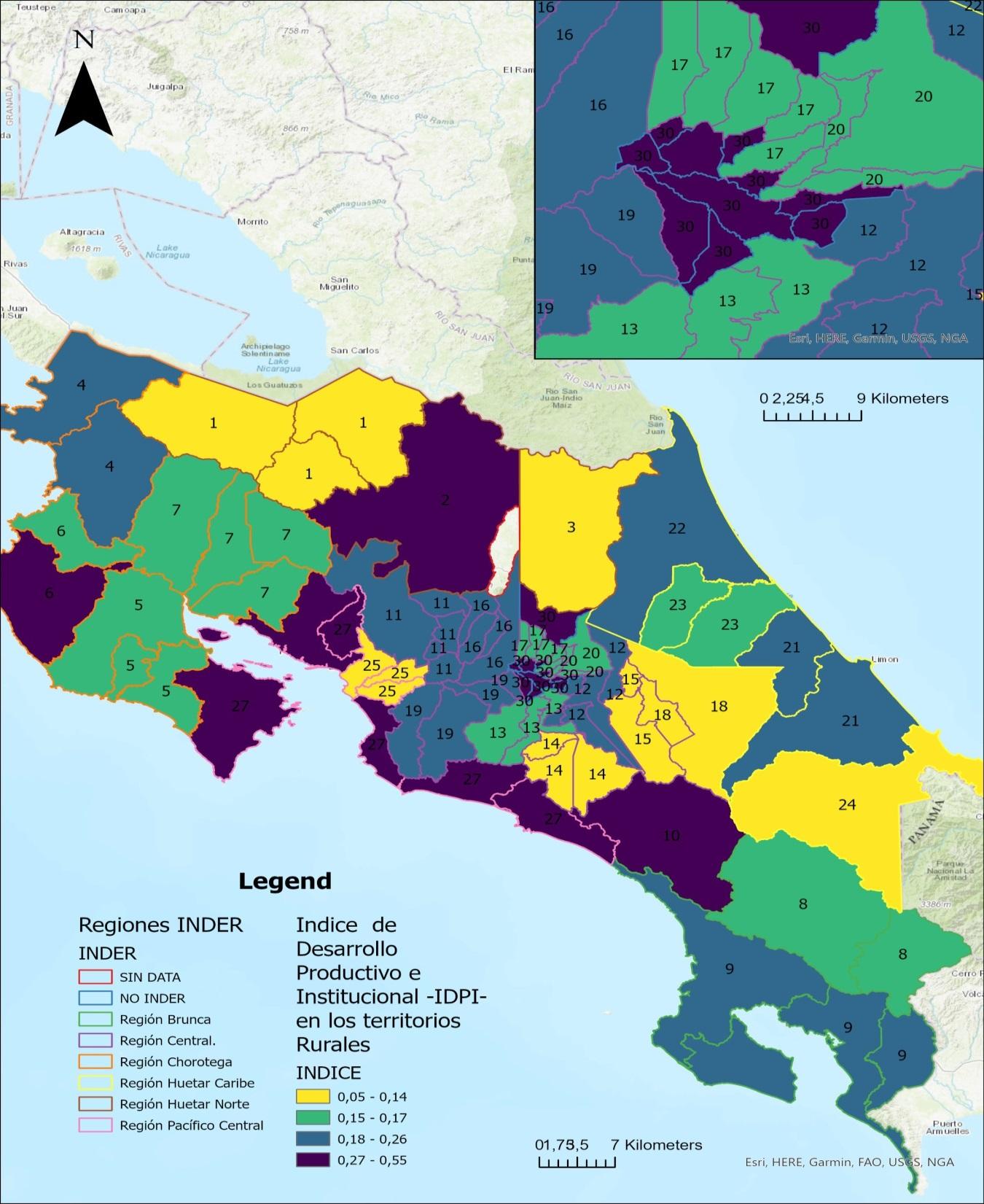 Mapa 1. Costa Rica: IDPI según territorio del INDER