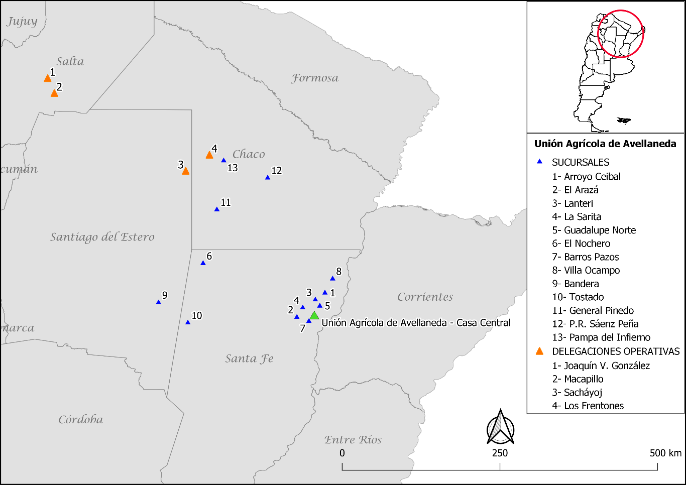 Mapa 1. Sucursales y delegaciones
operativas de la Unión Agrícola Avellaneda (2018)