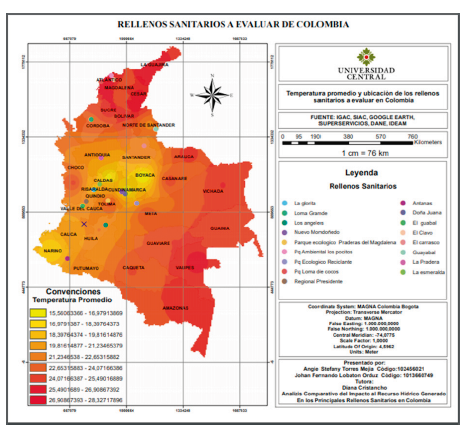 Mapa de
temperatura promedio y ubicación de los RESA evaluados 