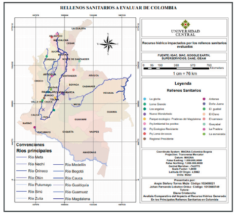 Mapa del
recurso hídrico impactado por los RESA evaluados 