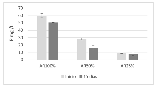 Disminución del contenido de fósforo total en
aguas residuales del lavado de café utilizando P. kessreli durante 15
días de tratamiento