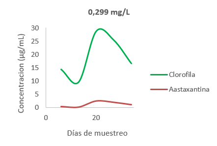 Concentraciones de clorofila y astaxantina durante el
montaje de 0,299 mg/L