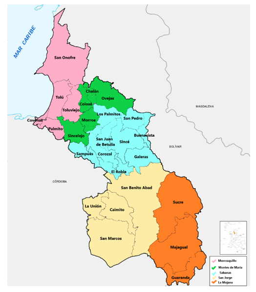 Mapa de las regiones fisiográficas del
departamento de Sucre, Colombia