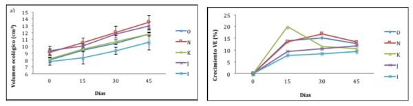 a) Promedio (± error estándar) del volumen ecológico de los fragmentos de A. cervicornis; b) Porcentaje de crecimiento (volumen ecológico) de los morfotipos de A. cervicornis: n = 12 (morfotipo O); n = 12 (morfotipo N); n = 12 (morfotipo K); n = 12 (morfotipo J); n = 12 (morfotipo I)