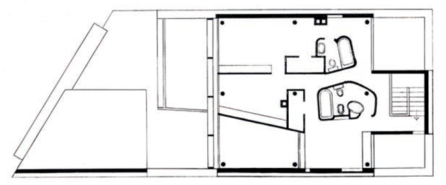 Figura 3. Planta, corte horizontal mediante proyecciones ortogonales o Sistema Monge (redibujada por el autor), de la planta del primer piso, dela casa Curutchet en La Plata, Argentina (Le Corbusier 1948). Esta imagen responde a una promesa de realidad mensurable, construible.