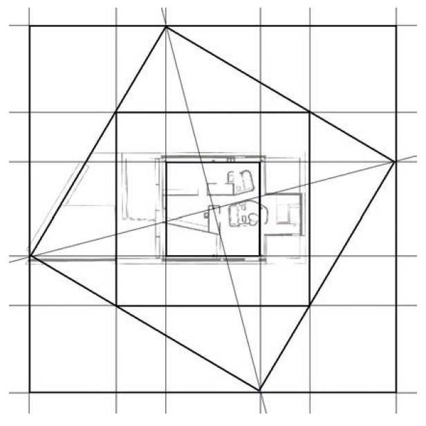 Figura 4. Trazados y configuraci&oacute;n compleja mediante proyeccionesrelacionales, TDE (dibujo del autor), de la planta de la casa Curutchet.Esta imagen responde a una promesa de explicaci&oacute;n conceptual morfosint&aacute;ctica de la operaci&oacute;n de dise&ntilde;o1