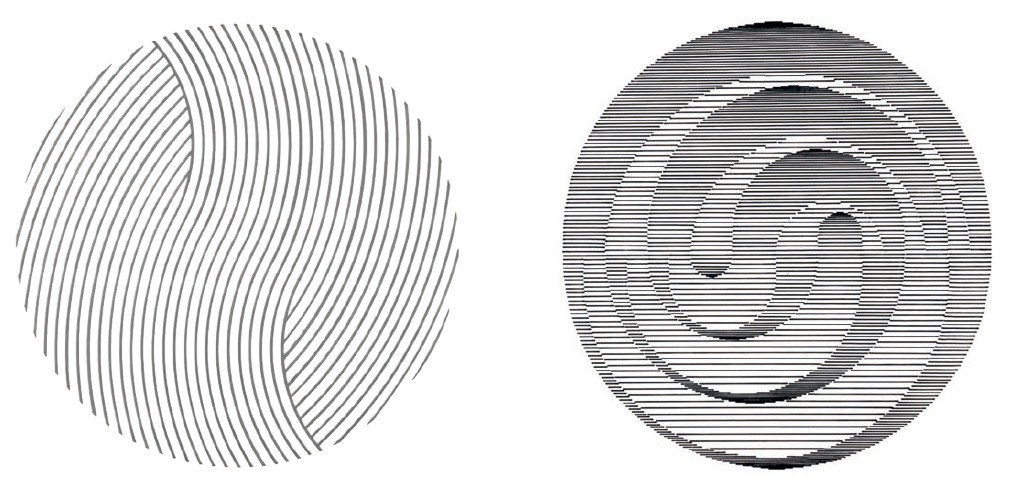 Roberto Hamm, 1967 (izquierda); Albrecht Hufnagel, 1967
(derecha): ejercicios realizados en la clase de Diseño Básico de William S.
Huff en la escuela de diseño Hochschule für Gestaltung (HfG), Ulm,
Alemania. Entre los primeros estudios del trabajo sobre Fondo Figurativo,
surgieron gran variedad de efectos —desde la figuración mínima hasta el cambio
ambiguo entre fondo y figura—. Ambos diseños fueron resueltos a través de
tratamientos específicos de las tres propiedades principales de la textura: en
el diseño de Hamm, el tamaño y la densidad son invariables, mientras que la
direccionalidad es variable; en el de Hufnagle, la direccionalidad y el tamaño
son invariables y la densidad es variable.