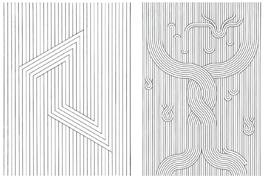 Ellen Leach, 1977 (izquierda); James Mountain, 1988 (derecha):
ejercicios realizados en la clase de Diseño Básico de William S. Huff en la
Universidad de Buffalo, Nueva York (SUNY). Ambos diseños fueron resueltos a
través de tratamientos específicos de las tres propiedades principales de la
textura: en ambos diseños, el tamaño y la densidad permanecen invariables,
mientras que la direccionalidad es variable. 