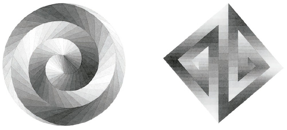 Paul Portbell, 1994 (izquierda); Chii-luh Chen, 1994
(derecha): ejercicios realizados en la clase de Diseño Básico de William S.
Huff en la Universidad de Buffalo, Nueva York (SUNY). Ambos diseños fueron
resueltos a través de tratamientos específicos de las tres propiedades
principales del color: en ambos diseños, el tono y la saturación son
invariables y el valor es variable. 
