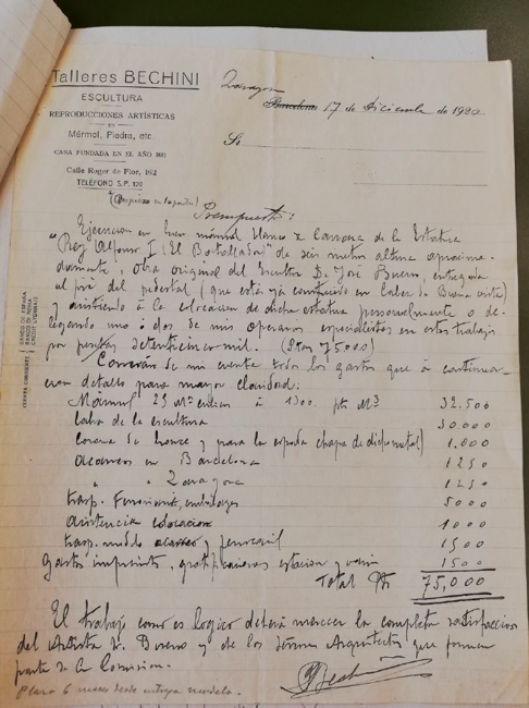 Presupuesto del trabajo realizado por Bechini, fechado el 17 de diciembre de 1920. 