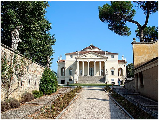 Vista mediante proyecciones cónicas fotográficas de la entrada a la Villa Capra –o Rotonda– en Vicenza, Italia. Nótese cómo Palladio, en 1566, diseña la entrada a la villa de tal manera que obliga a una visión en perspectiva de un punto de fuga central. La Perspectiva construye la cualidad del espacio habitable