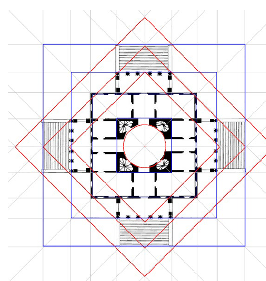Trazados y configuración compleja mediante Proyecciones Relacionales o Lenguaje Gráfico TDE (Guerri 2012, 186), de la planta de la Villa Rotonda de Palladio. Esta imagen responde a una promesa de explicación conceptual morfosintáctica de la operación de diseño puro (Jannello 1980)