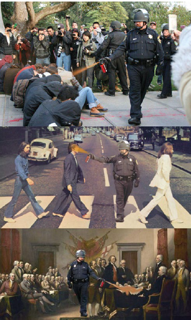 El meme ícono de Pepper spray cop (2011). En la parte superior, la fotografía original
