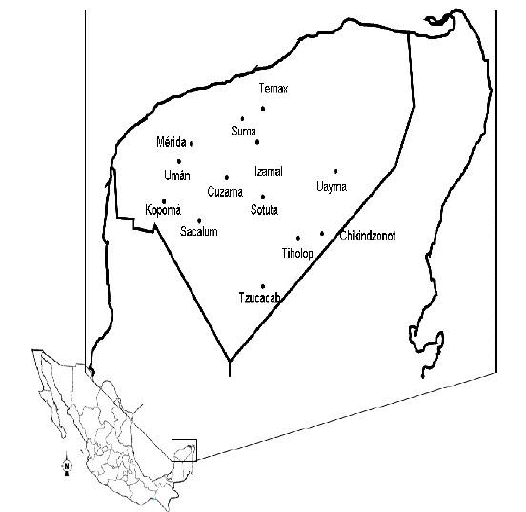 Distribución de los sitios
de muestreo de las colonias comerciales en Yucatán.