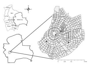 Map of the city of Santa Cruz de la Sierra, indicating the location of the four health centers at each point