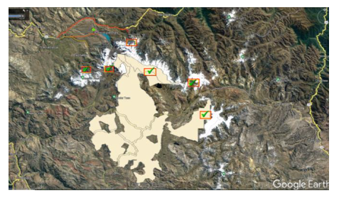 Mapa de glaciares
estudiados en la cadenadel Vilcanota por el CICCGA
