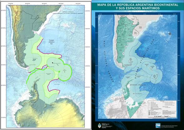 presentaci&oacute;n del mapa con los l&iacute;mites de la plataforma continental. A la izquierda, mapa presentado ante la CONVEMAR que diferencia las zonas comprendidas entre la l&iacute;nea de base y las 200 M. y entre esta &uacute;ltima y el l&iacute;mite exterior. A la derecha, el mapa aprobado por la ley N&ordm; 27.757.