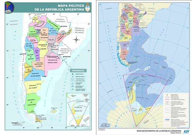 las siluetas de la Argentina. A la izquierda, el mapa tradicional de la Argentina, d&oacute;nde destaca la porci&oacute;n continental sudamericana invisibilizando los dem&aacute;s territorios. A la derecha, el nuevo mapa bicontinental que representa el sector ant&aacute;rtico argentino a la misma escala que el sector continental.