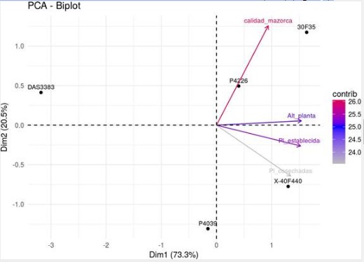 Representación gráfica del resultado del Análisis en Componentes
Principales, con indicativo del grado de contribución de las variables (gris
(p>0,1); azul (p=0,05); rojo (p=0,01)) [Pl=Plantas, Alt=Altura].