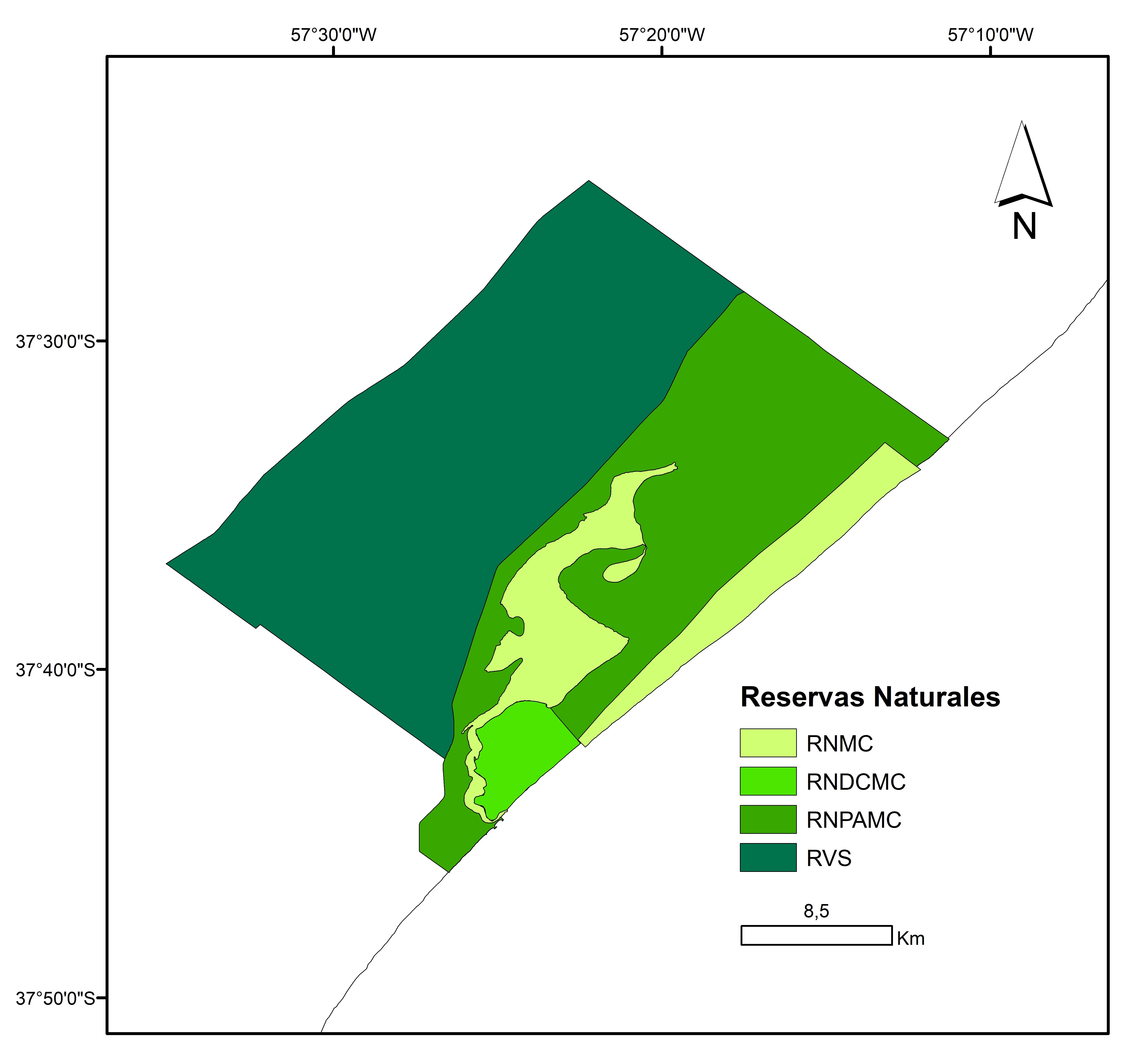 Mapa
de las diferentes figuras de conservación presentes en la Laguna
Costera de Mar Chiquita y sus zonas adyacentes. RNMC: Reserva Natural
de Usos Múltiples Mar Chiquita; RNDCMC: Reserva Natural de la
Defensa Campo Mar Chiquita “Dragones de Malvinas”; RBPAMC:
Reserva Natural de la Biósfera Parque Atlántico Mar Chiquito; RVS:
Refugio de Vida Silvestre Mar Chiquita. 