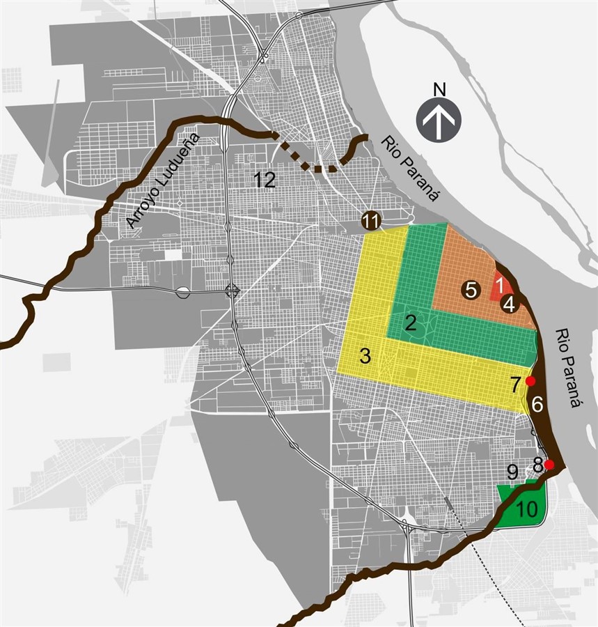 1- La ciudad
(centro) según la Ordenanza de 1873. 2- Suburbios. 3- Extramuros. 4- Laguna de
Netto Barreiro. 5- Laguna de Sánchez. 6- El Bajo. 7- Vaciadero. 8- El Mangrullo
y el Acceso Sur. 9- Barrio Saladillo. 10. El Baño de Mandinga. 11- Barrio
Empalme Graneros.