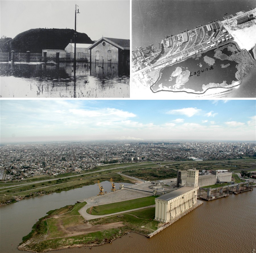 Arriba izquierda:
el bajo inundable en 1902. Arriba derecha: la Lagunita, Bv. 27 de Febrero y Av.
Belgrano, 1996. Archivo Ministerio de Obras Públicas, Rosario. Abajo: la
Lagunita en 1999. Foto: gentileza Arq. Walter Salcedo.  