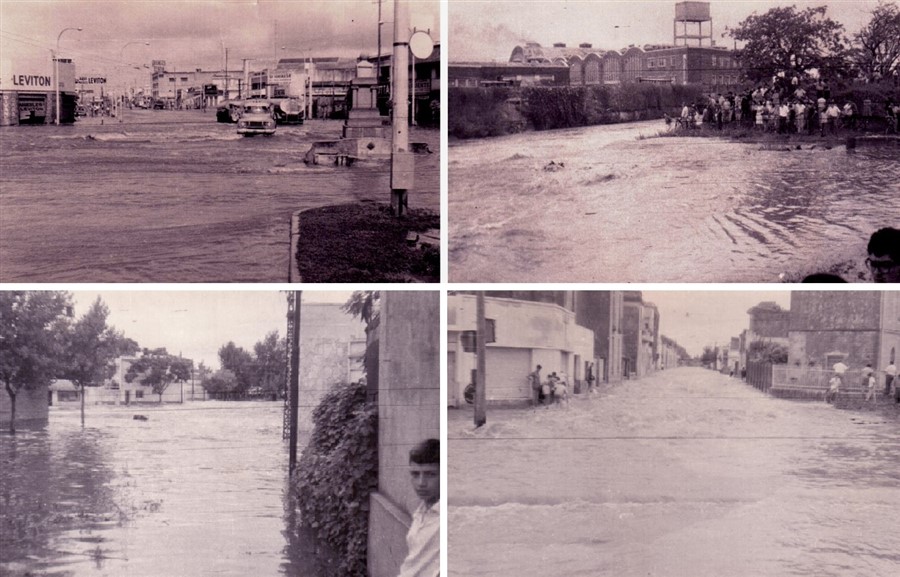  Inundación de 1967
en Arroyito. Arriba izquierda, desborde en Av. Alberdi y Portugal. Arriba
derecha: El entubamiento de 1949 del Ludueña, insuficiente. Abajo: barrio Empalme
Graneros. Colección M.P. Lapadula, Museo Itinerante del Barrio de la Refinería.

 