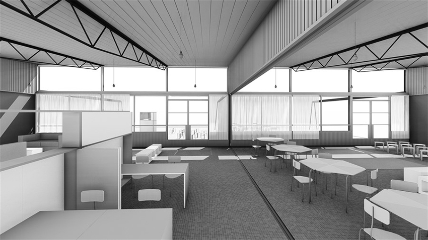 Perspectiva interior del Aula Integral en base a los arreglos de mobiliarios de
la figura 6. 