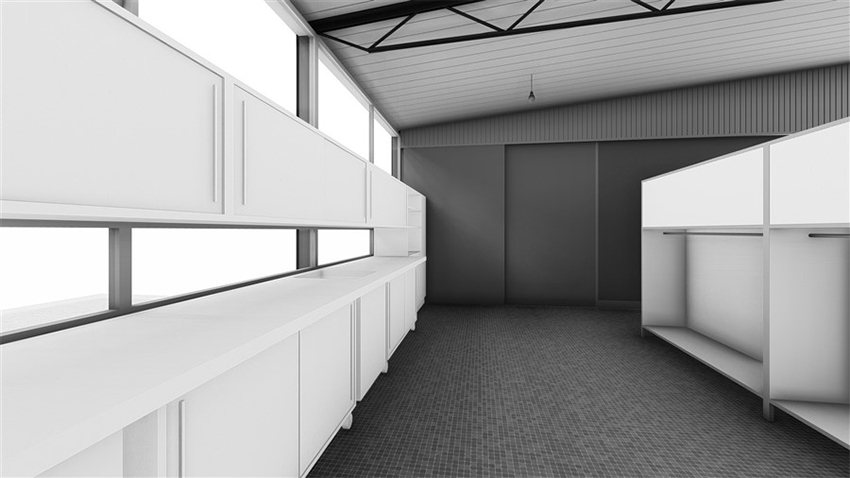 Perspectiva
interior del Aula Integral versión A, 1956, mostrando el área de taller, con la
mesada y sus muebles bajos que se pueden desplazar a una posición perpendicular
a la mesada, y el mueble guardarropas.