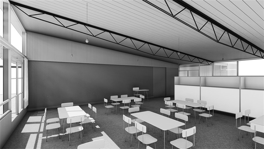 Perspectiva interior del Aula Integral versión A, 1956.