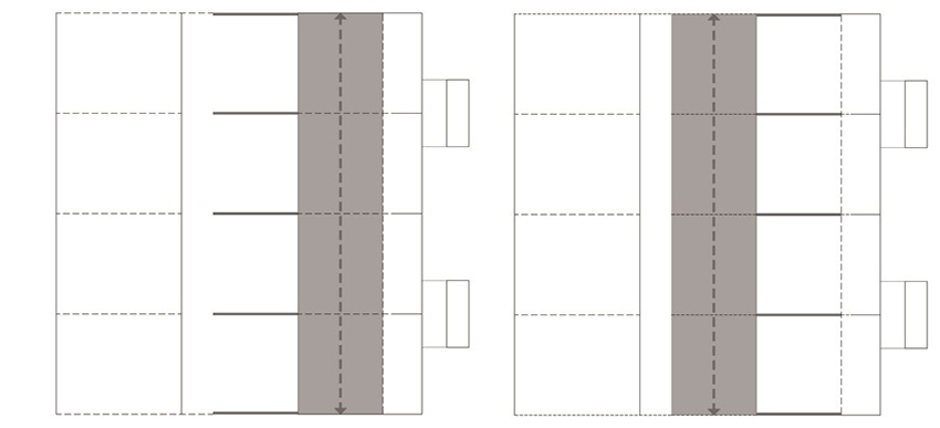 Diagramas de expansión/contracción del aula en función del desplazamiento de los
tabiques pizarrón.